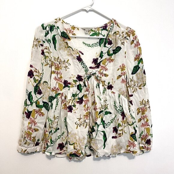 LUCKY BRAND Malia Peasant Top White Green Floral V-Neck Cutout Tie Long Sleeve - Picture 2 of 15